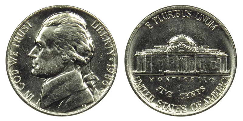 1986 Jefferson nickel obverse and reverse showing P mint mark and Monticello steps