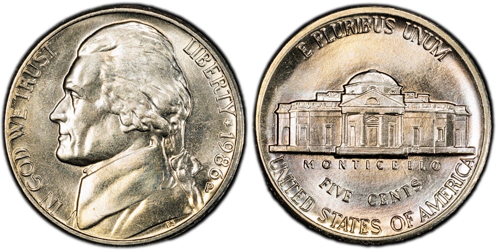 1986 Jefferson nickel comparison — common weak steps left vs Full Steps designation right on Monticello