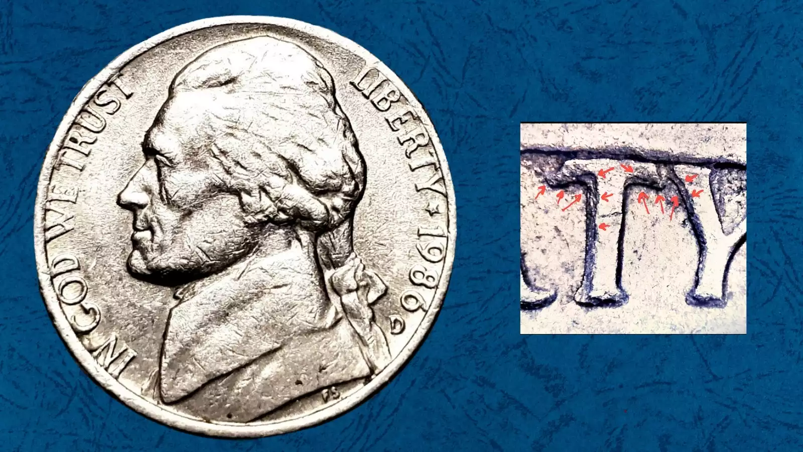 1986-D nickel doubled die obverse showing doubling on Jefferson portrait and date under magnification
