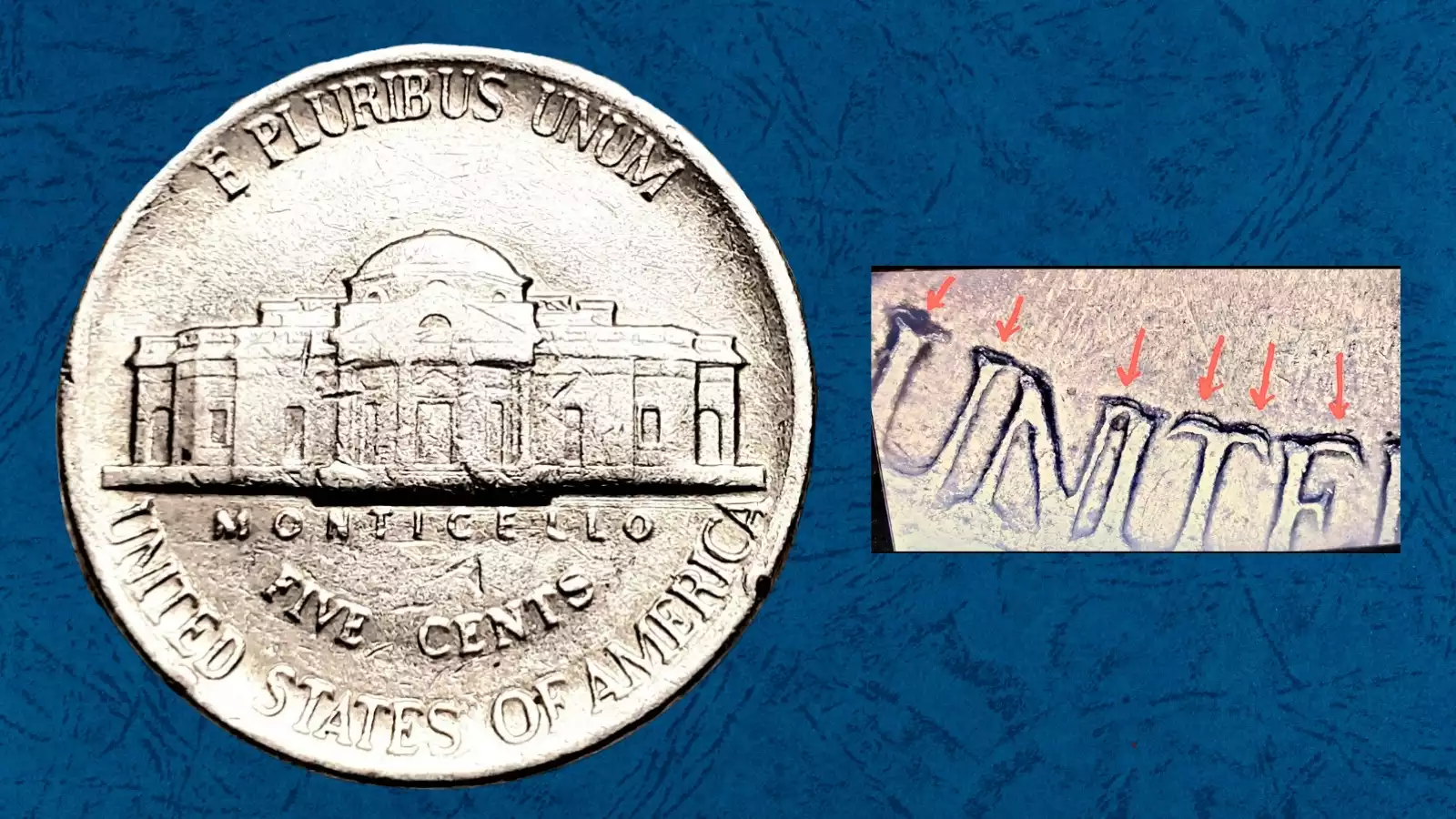 1986-D nickel doubled die reverse showing doubling on Monticello columns and FIVE CENTS lettering