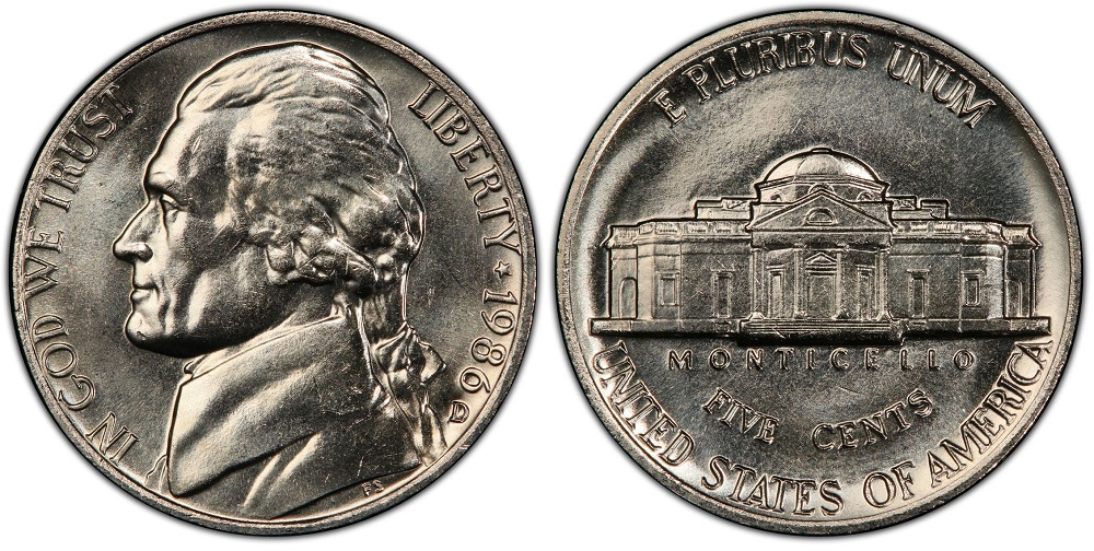 1986-D nickel repunched mint mark showing secondary D impression under the primary mint mark