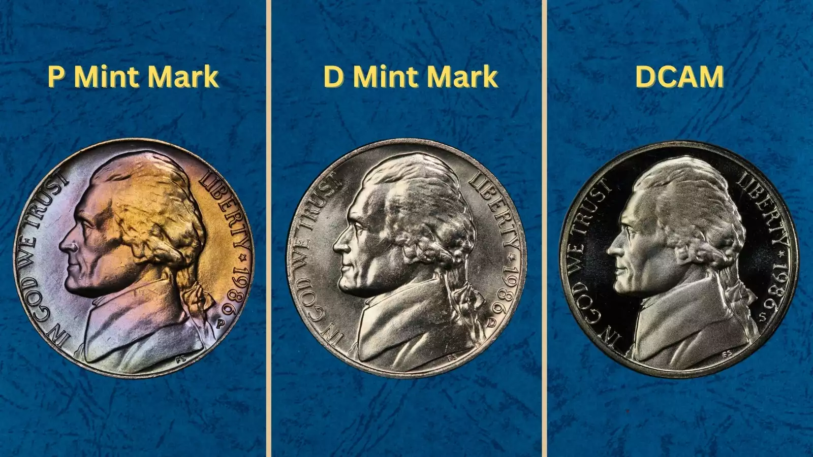 1986 Jefferson nickels from original mint production showing uncirculated specimens from Philadelphia and Denver