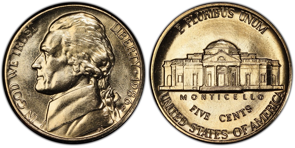 1986 Jefferson nickel grading strip showing four condition tiers from worn to gem uncirculated